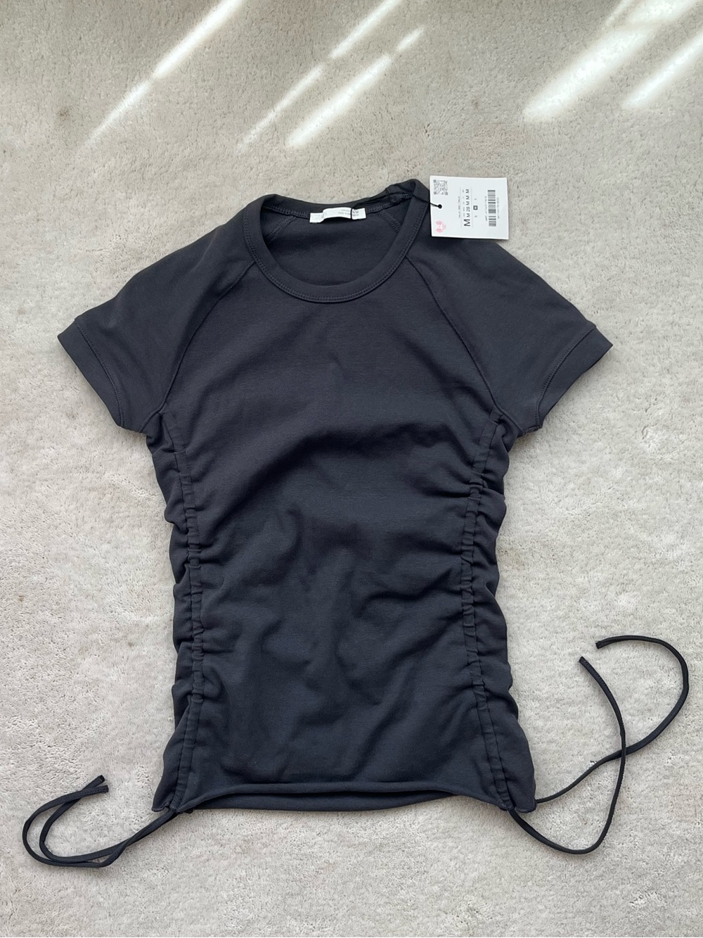 Zara Dark Grey Ruched Side Tie Short Sleeve Crop Top